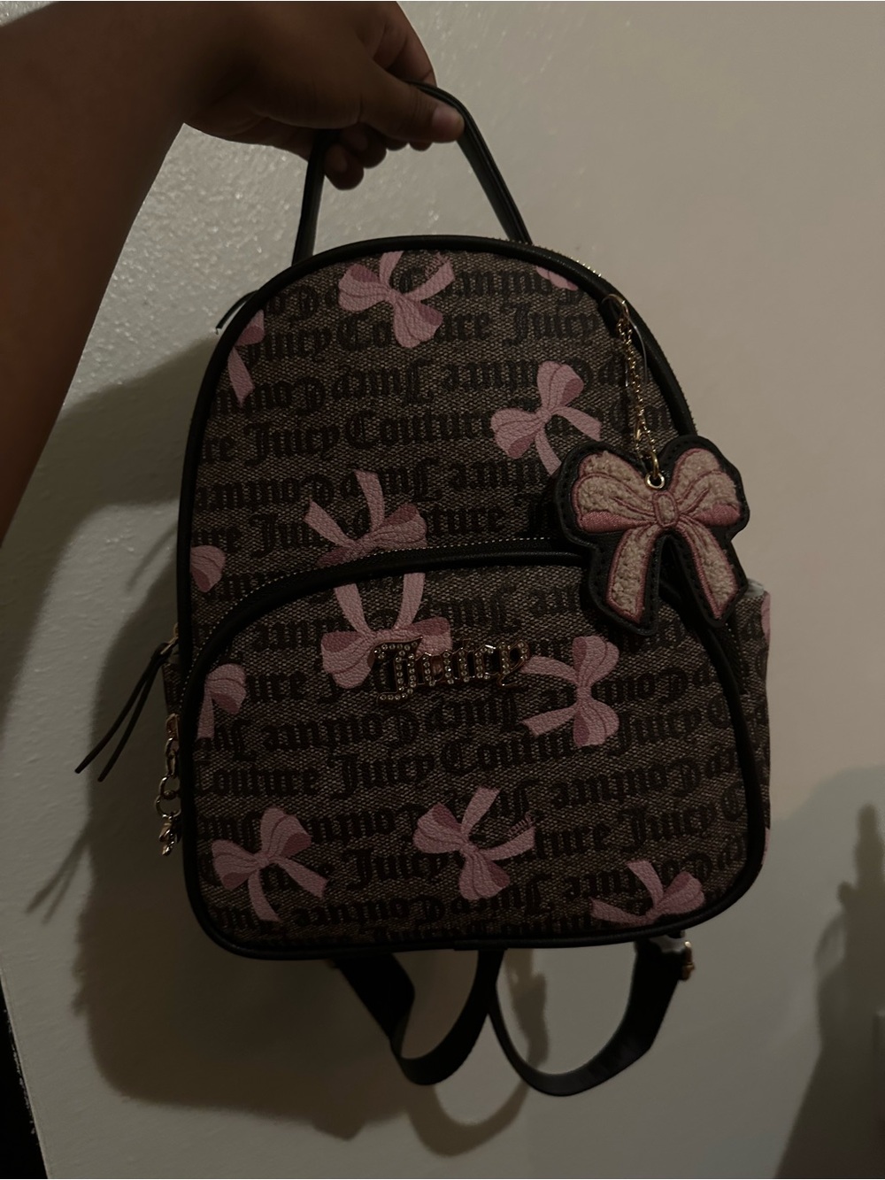 Juicy Couture Brown Logo Mini Backpack with Pink Bow Accents